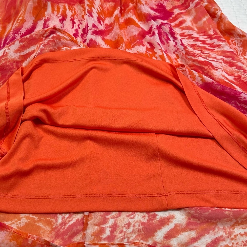 Calvin Klein Halter Orange Print Shift Dress with Gold Chain Trim Around Neck - Picture 8 of 9